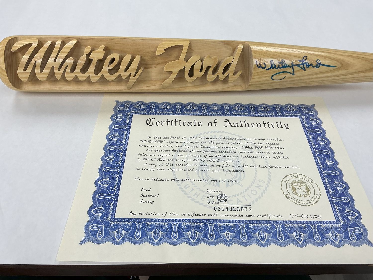 Whitey Ford Autographed Bat - Carved Inscription &#39;Whitey Ford&#39; - Signed 03/14/1992 with COA