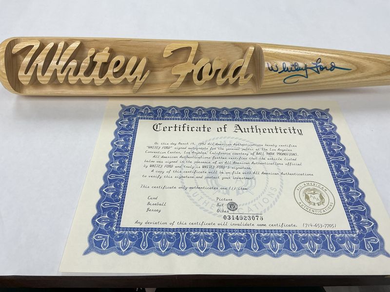 Whitey Ford Autographed Bat - Carved Inscription &#39;Whitey Ford&#39; - Signed 03/14/1992 with COA