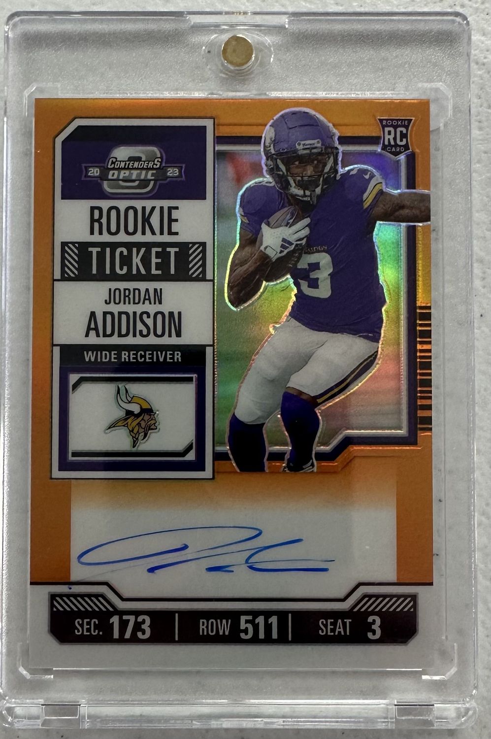 2023 Contenders Optic Jordan Addison Orange Rookie Ticket On Card Auto 33/50