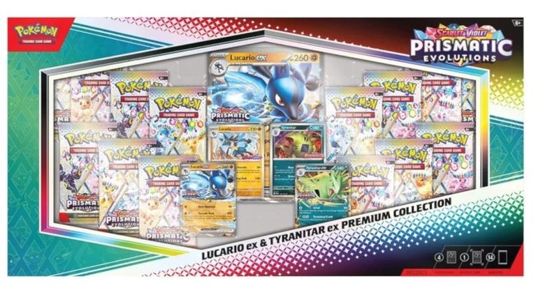 Pokemon S&amp;V Prismatic Evolutions Lucario ex &amp; Tyranitar ex Premium Collection Box - 14 Packs