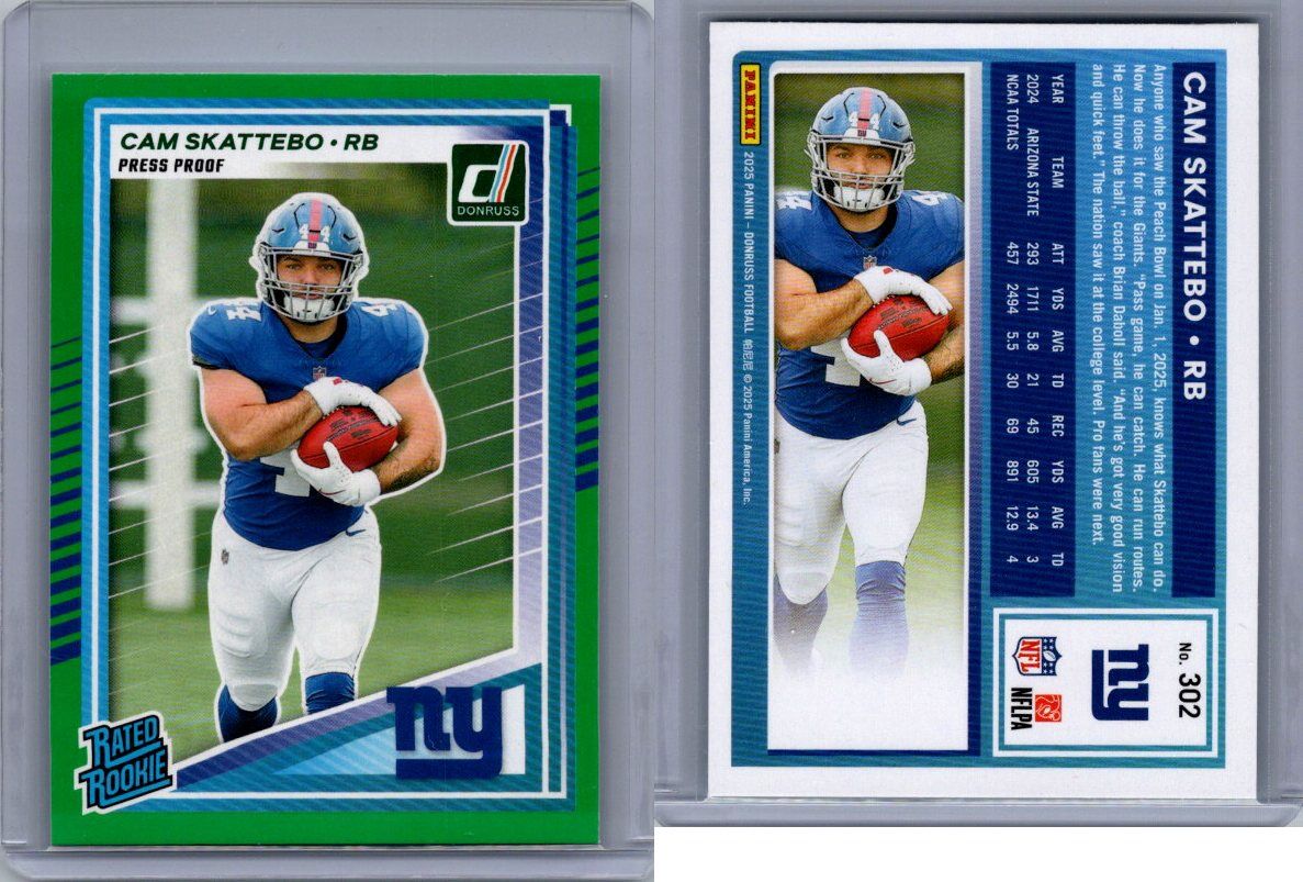 2025 Donruss Cam Skattebo Green Press Proof Rookie Card