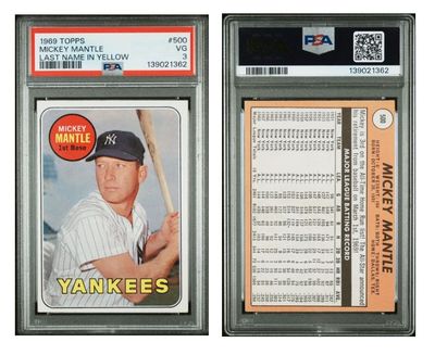 1969 Topps Mickey Mantle - Last Name Yellow - PSA 3