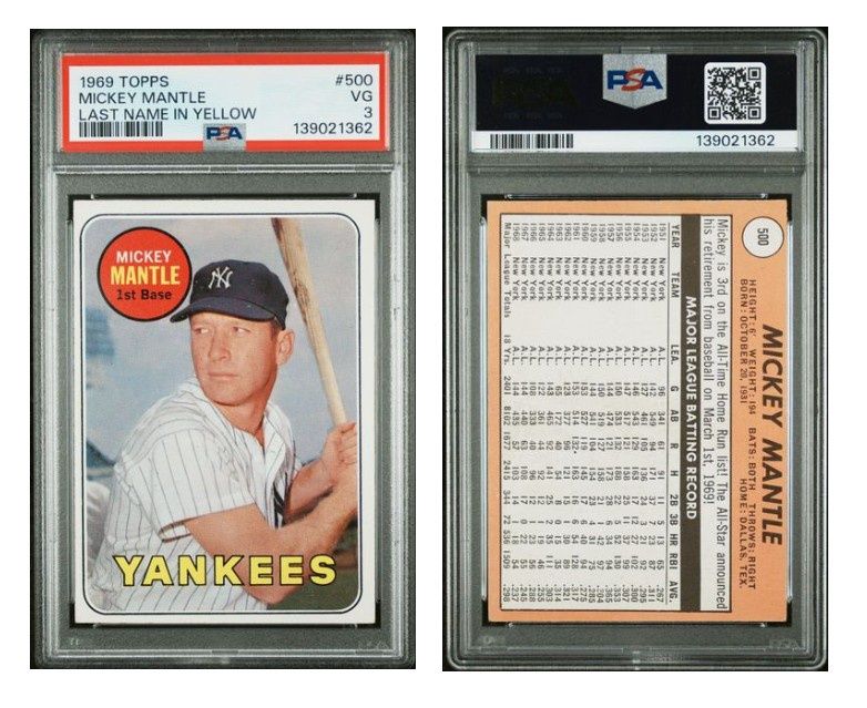 1969 Topps Mickey Mantle - Last Name Yellow - PSA 3