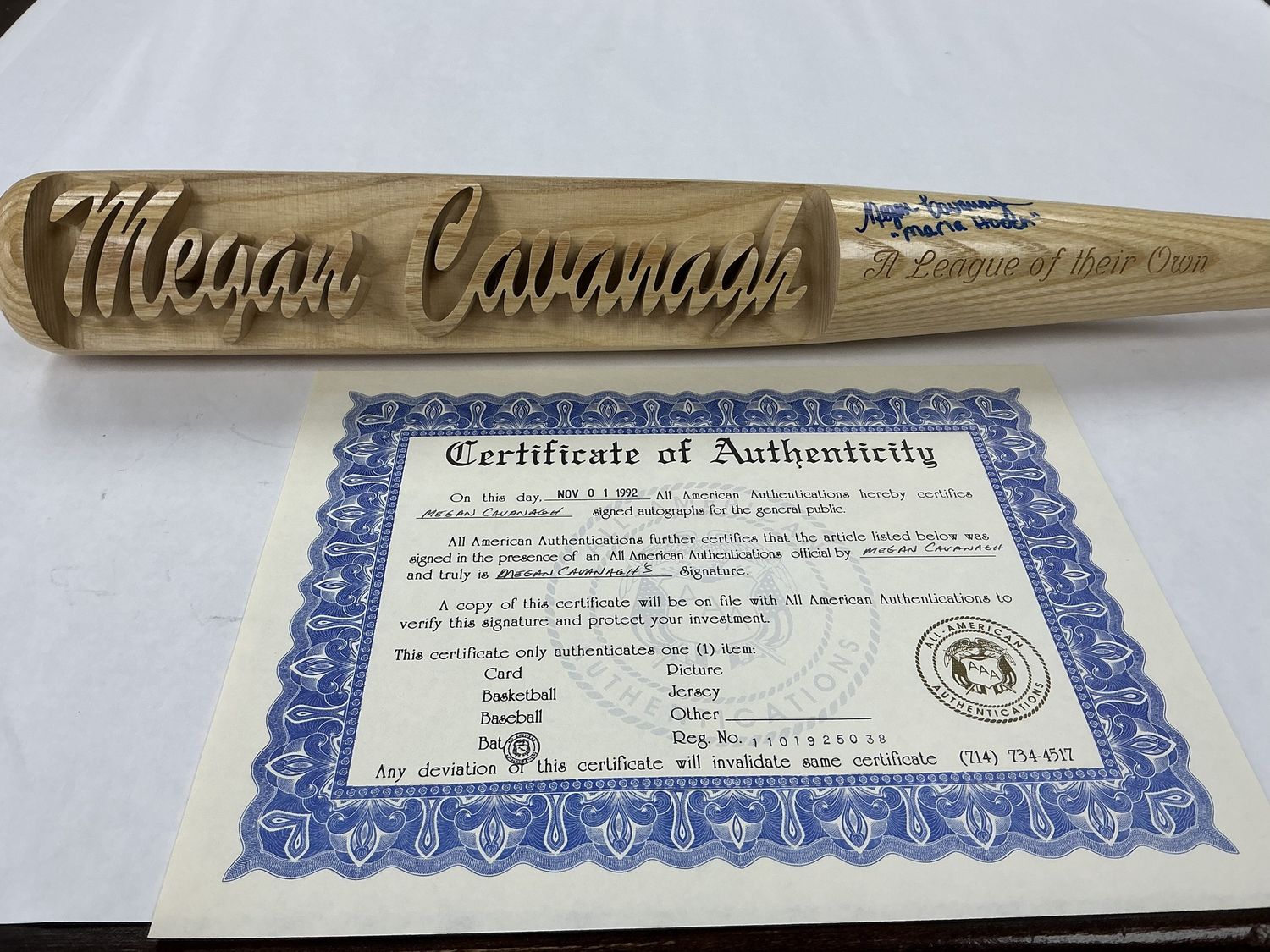 Megan Cavanaugh Carved Autographed Bat - Inscribed  'Marla Hooch' w/COA
