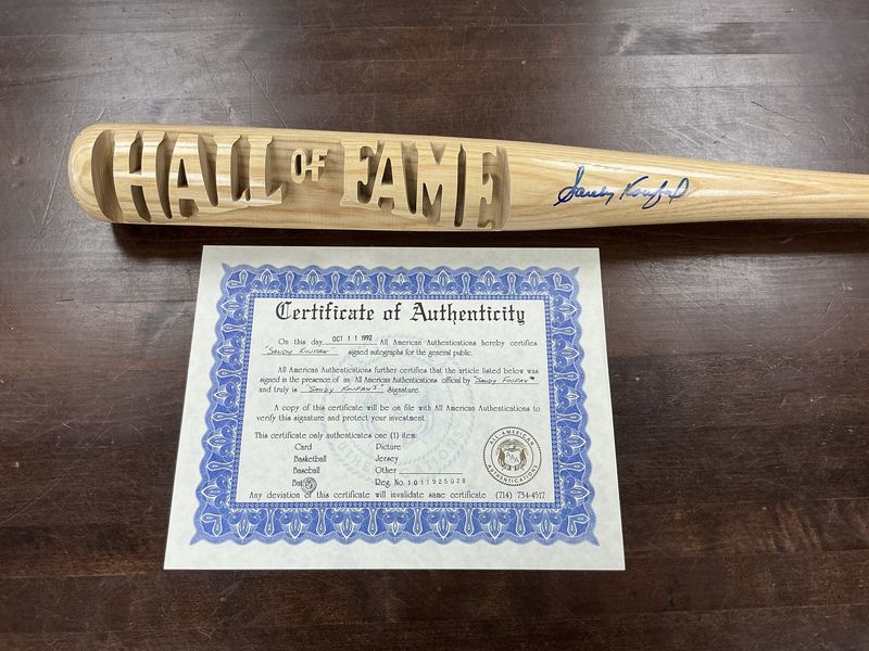 Custom Carved Sandy Koufax Autographed Bat with All-American/Tristar COA