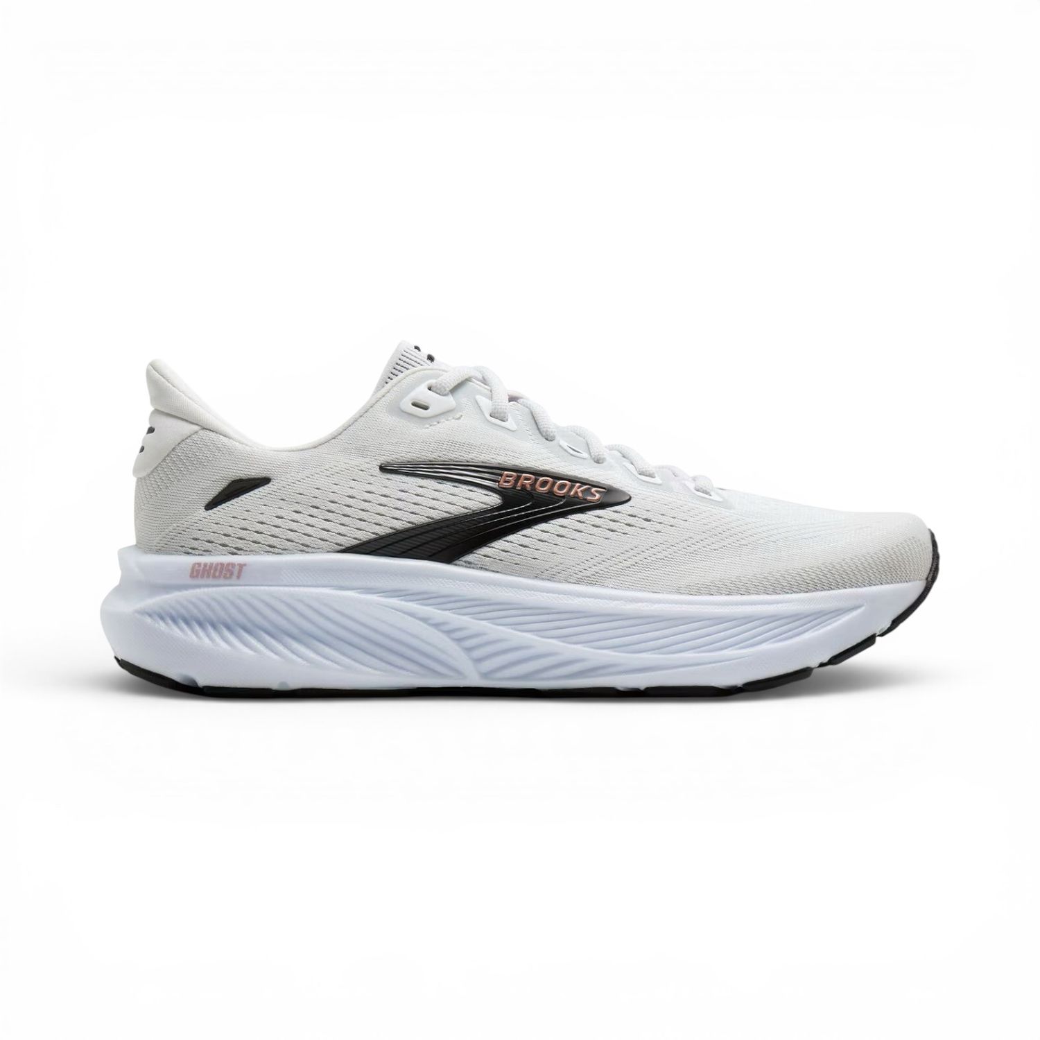 Brooks-Ghost 18 Women, Color: White/Black/Rose Gold, Size: 5.5