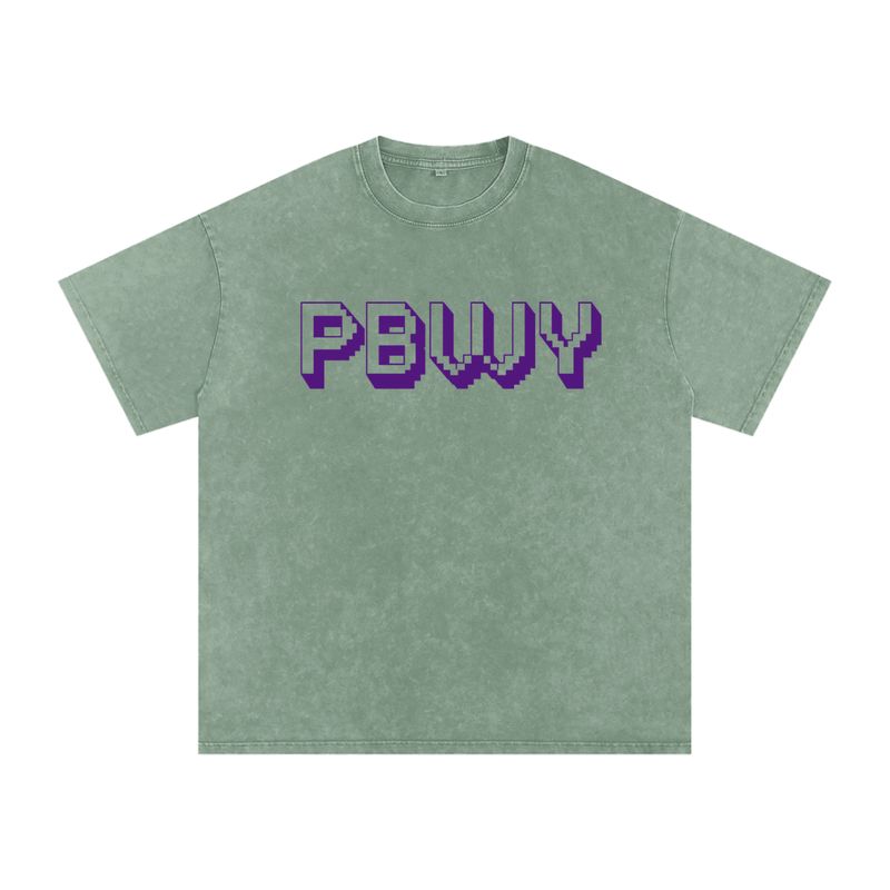 PBWY™ Signature Tee – Pixel Monogram “Peace Be With You” / Bean Green Acid Wash Oversize