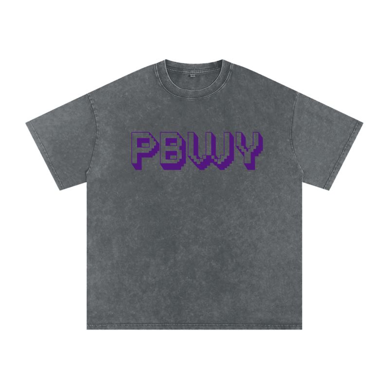 PBWY™ Signature Tee – Pixel Monogram “Peace Be With You” / Stone Grey Acid Wash Oversize