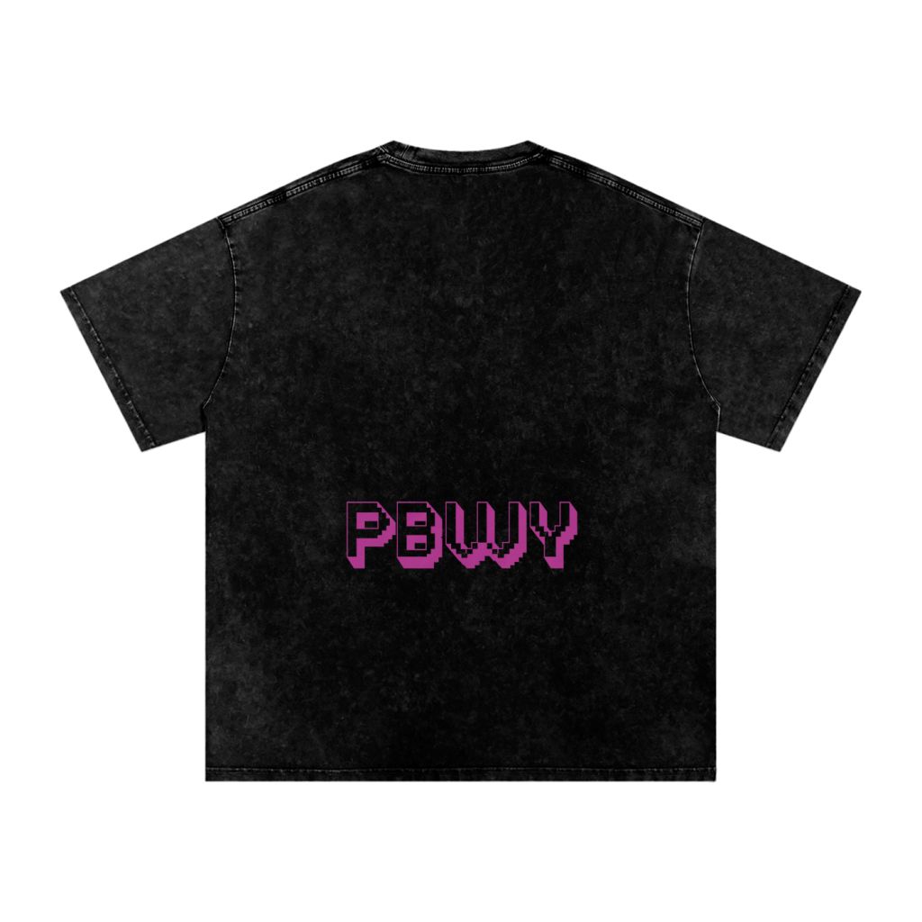PBWY™ Essential Tee – Pixel Monogram “Peace Be With You” Black &amp; Violet Purple Oversize Acid Wash