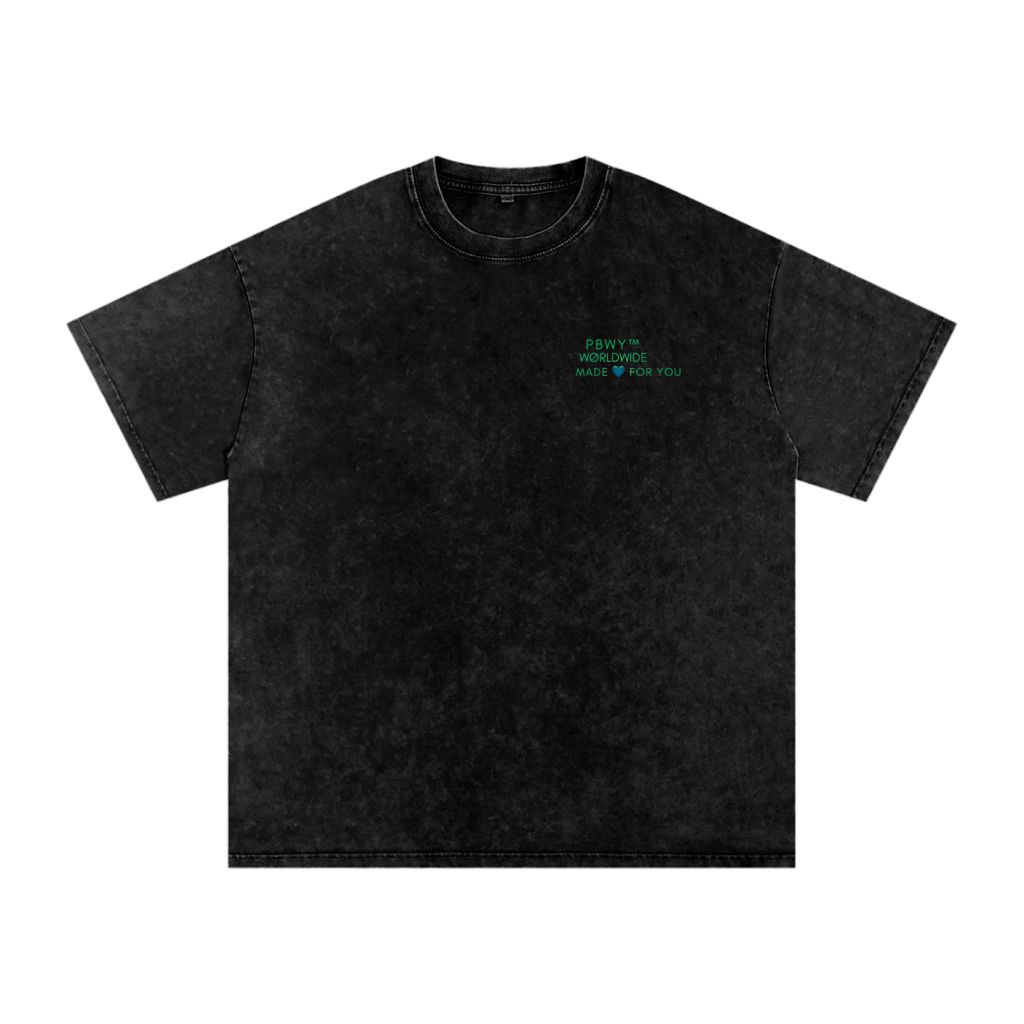 PBWY™ Essential Tee – Pixel Monogram “Peace Be With You” Black &amp; Violet Purple Oversize Acid Wash