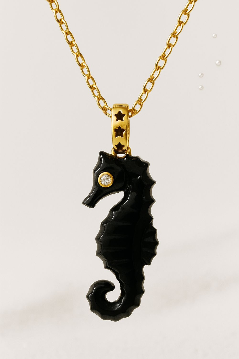 Yellow Gold Vermeil Black Onxy &amp; Diamond Seahorse Pendant