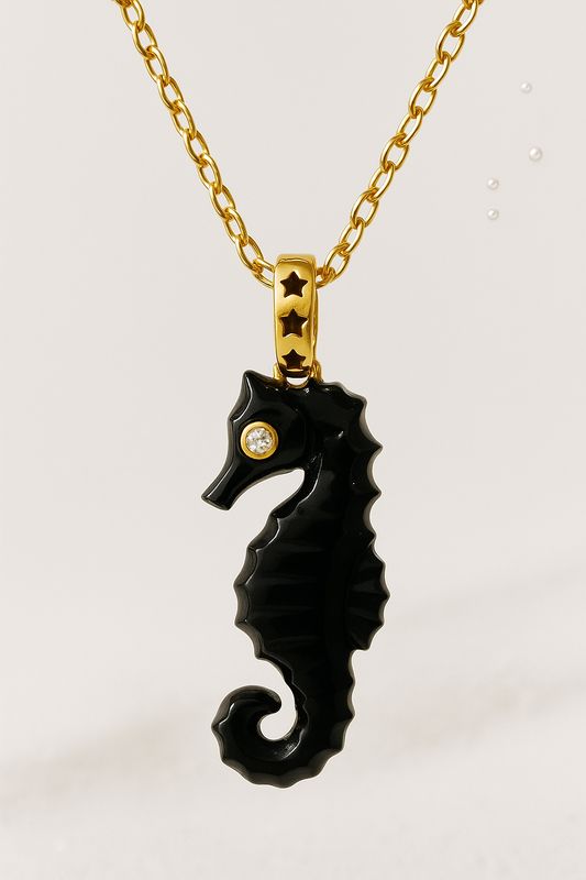 Yellow Gold Vermeil Black Onxy &amp; Diamond Seahorse Pendant