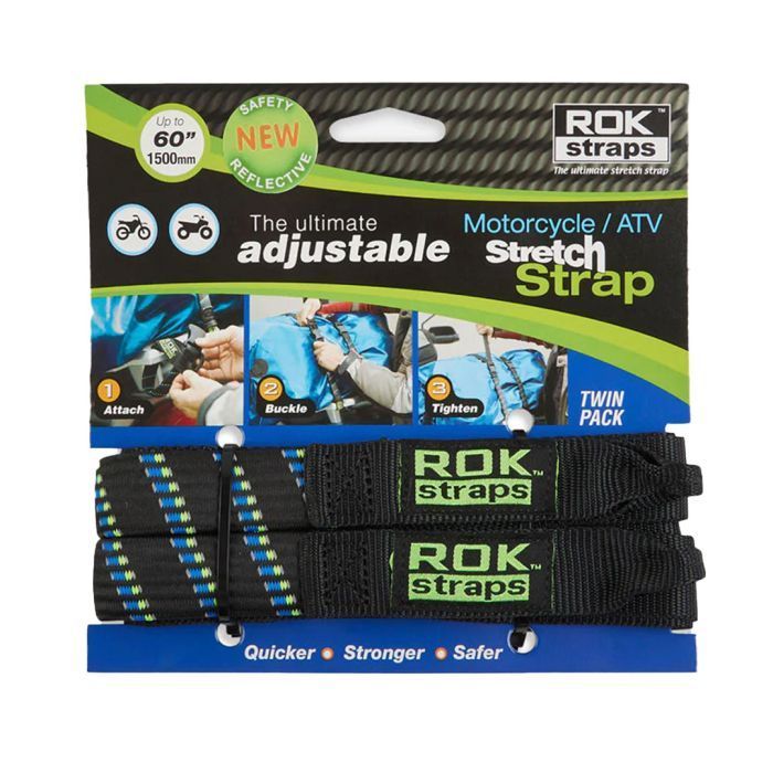 ROK 056 MOTORCYCLE ADJUSTABLE STRAP BLK/BLUE/GREEN REFLECTIVE [2 PACK]