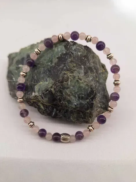 Bracelet Quartz rose et Améthyste 6mm / 4mm pierre naturel fait main