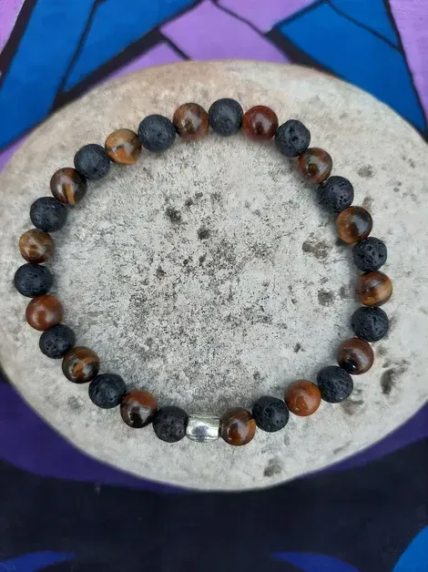 Bracelet Œil de tigre et Pierre de lave 6mm pierre naturel fait main
