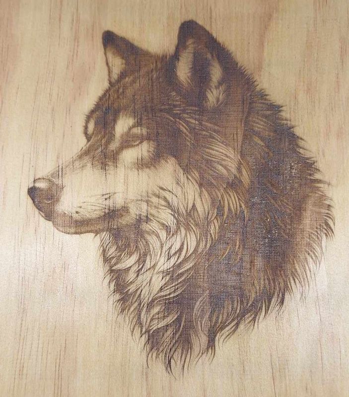 Pyrogravure laser d'un Loup sur bois
