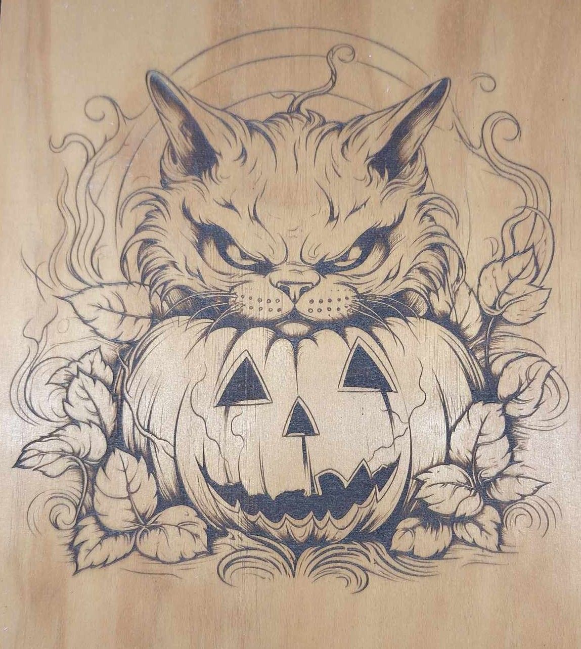 Pyrogravure laser d'une Citrouille et un chat sur bois