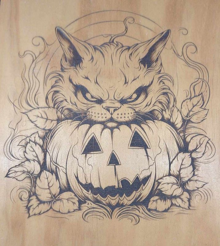 Pyrogravure laser d'une Citrouille et un chat sur bois