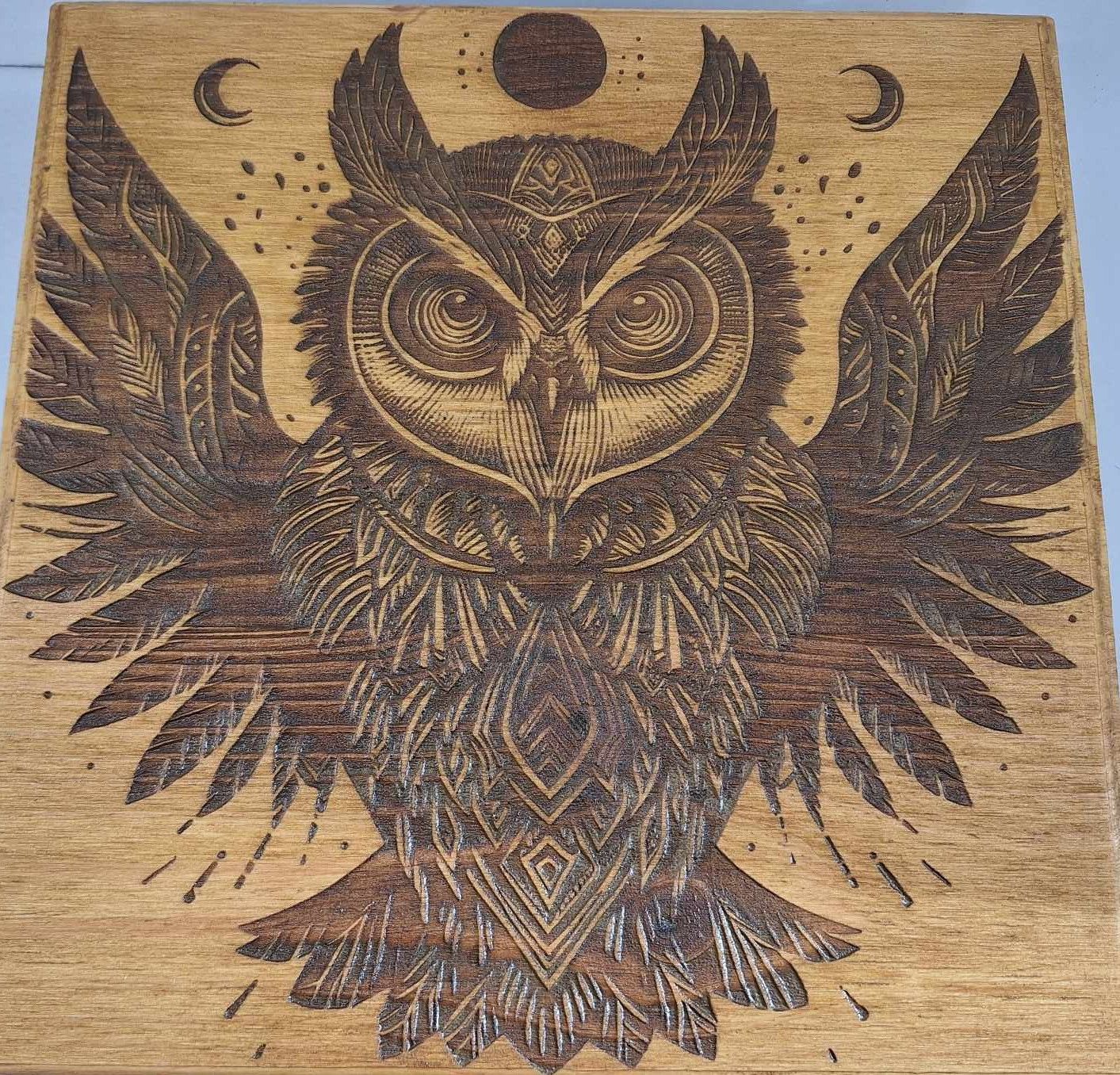 Pyrogravure laser d'un Hibou sur bois