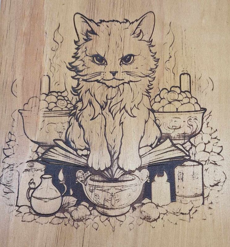 Pyrogravure laser d'un chat sorcier sur bois