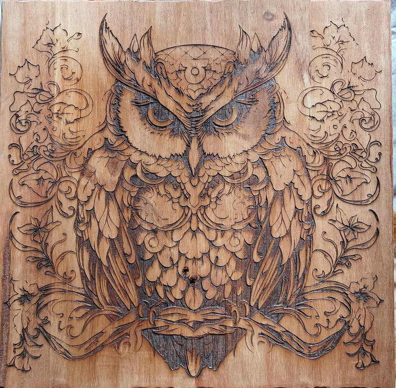 Pyrogravure laser d'un Hibou sur bois