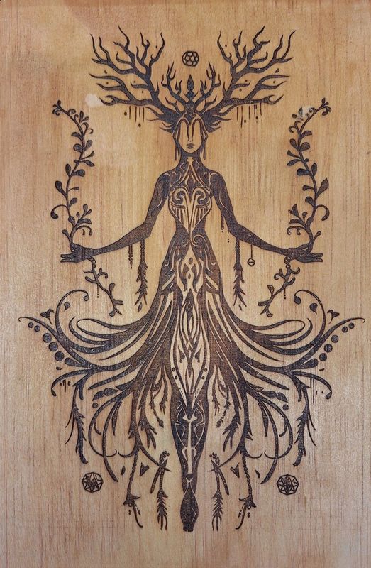 Pyrogravure laser d'une chamane sur bois