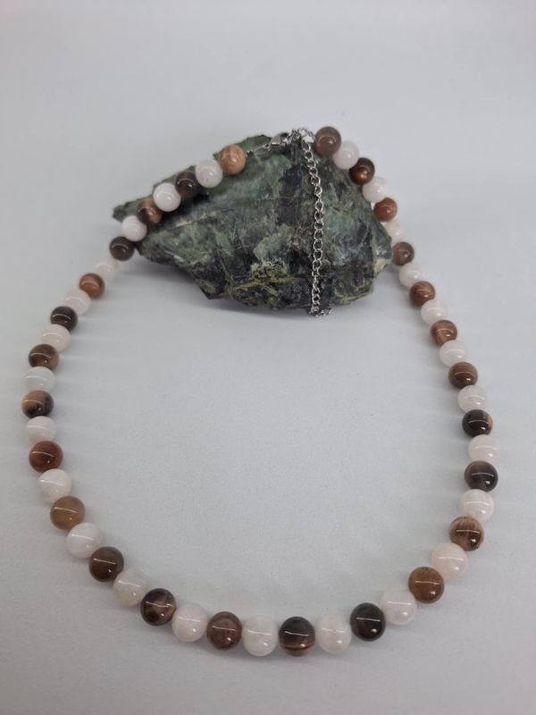 Collier Pierre de lune blanche et noir 8mm pierre naturel fait main