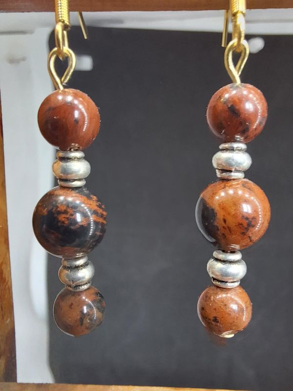 Boucles d'oreilles Obsidienne Acajou 8mm et 6mm pierre naturel fait main