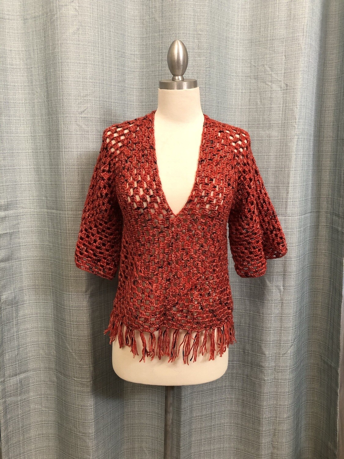Orange, black dots with fringes Crocheted Blouse Size S
