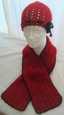 Red and Black ribbon crocheted hat and scarf Red and Black ribbon crocheted hat and scarf