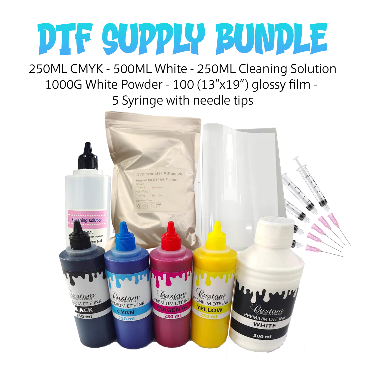 Premium DTF Supply Bundle Ink, Film, Powder, Cleaning Solution
