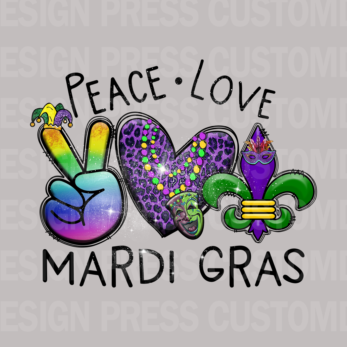 Peace Love Mardi Gras PNG, sublimation, POD, Digital Download Image