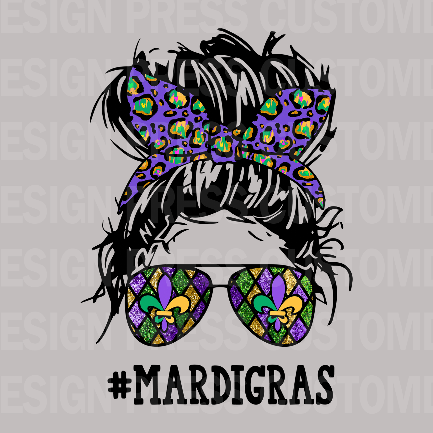 Mardi Gras Messy Bun Mama PNG, sublimation, POD, Digital Download Image