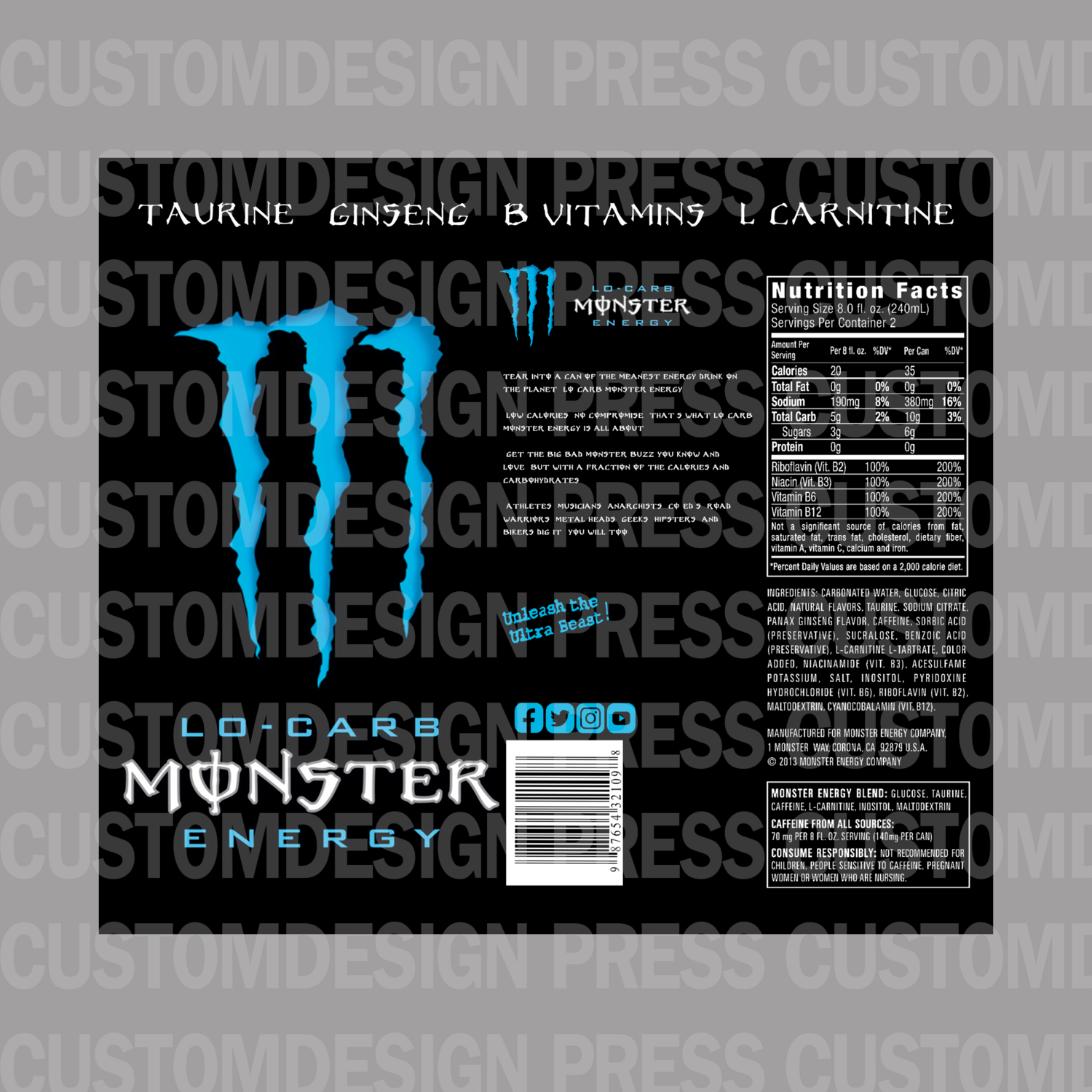Monster Energy Drink Lo Carb, 20 OZ Skinny Tumbler Wrap