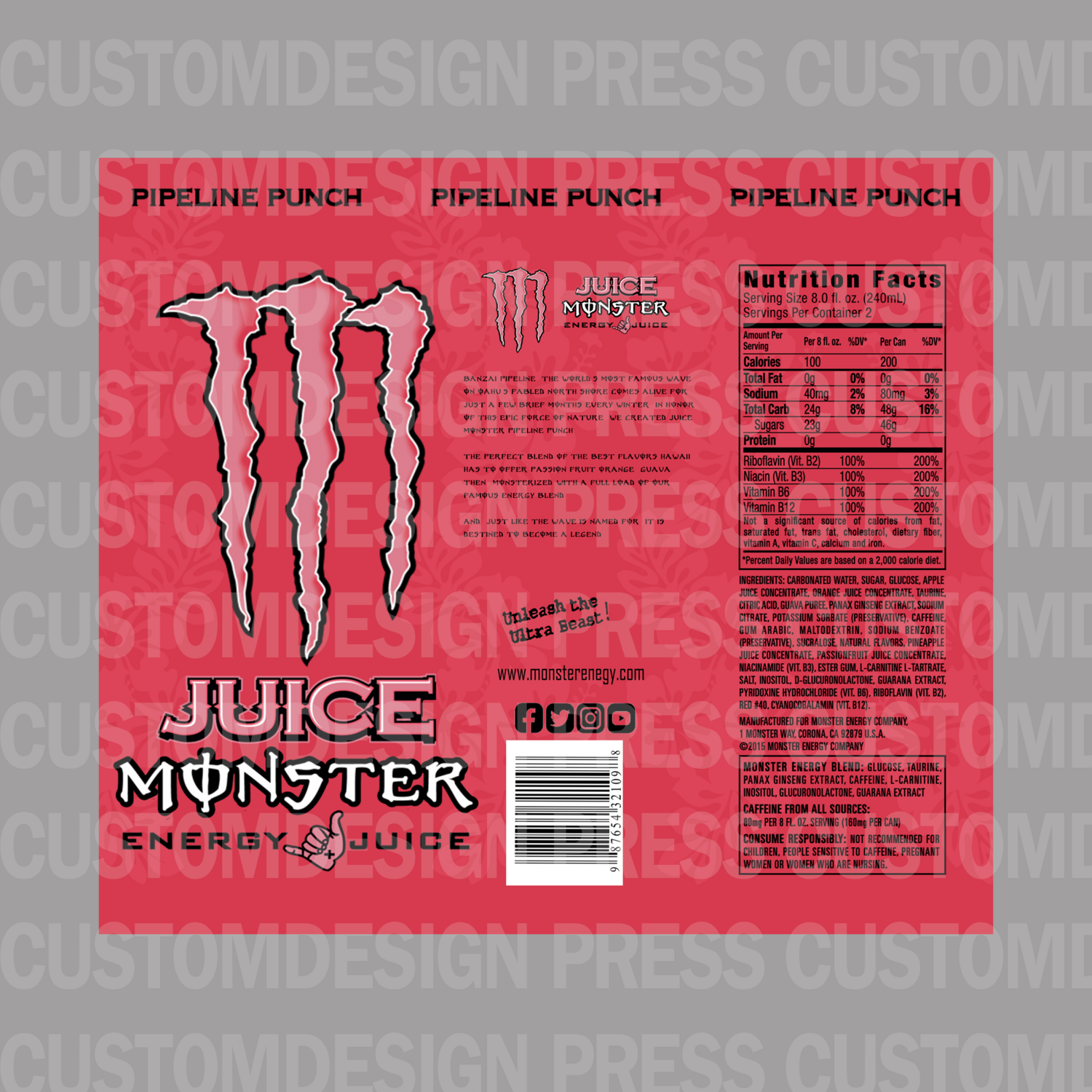 Monster Energy Drink Pipeline Punch, 20 OZ Skinny Tumbler Wrap