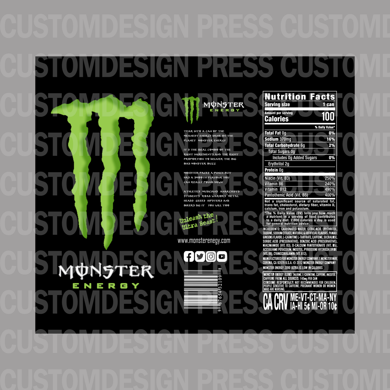 Monster Energy Drink, 20 OZ Skinny Tumbler Wrap