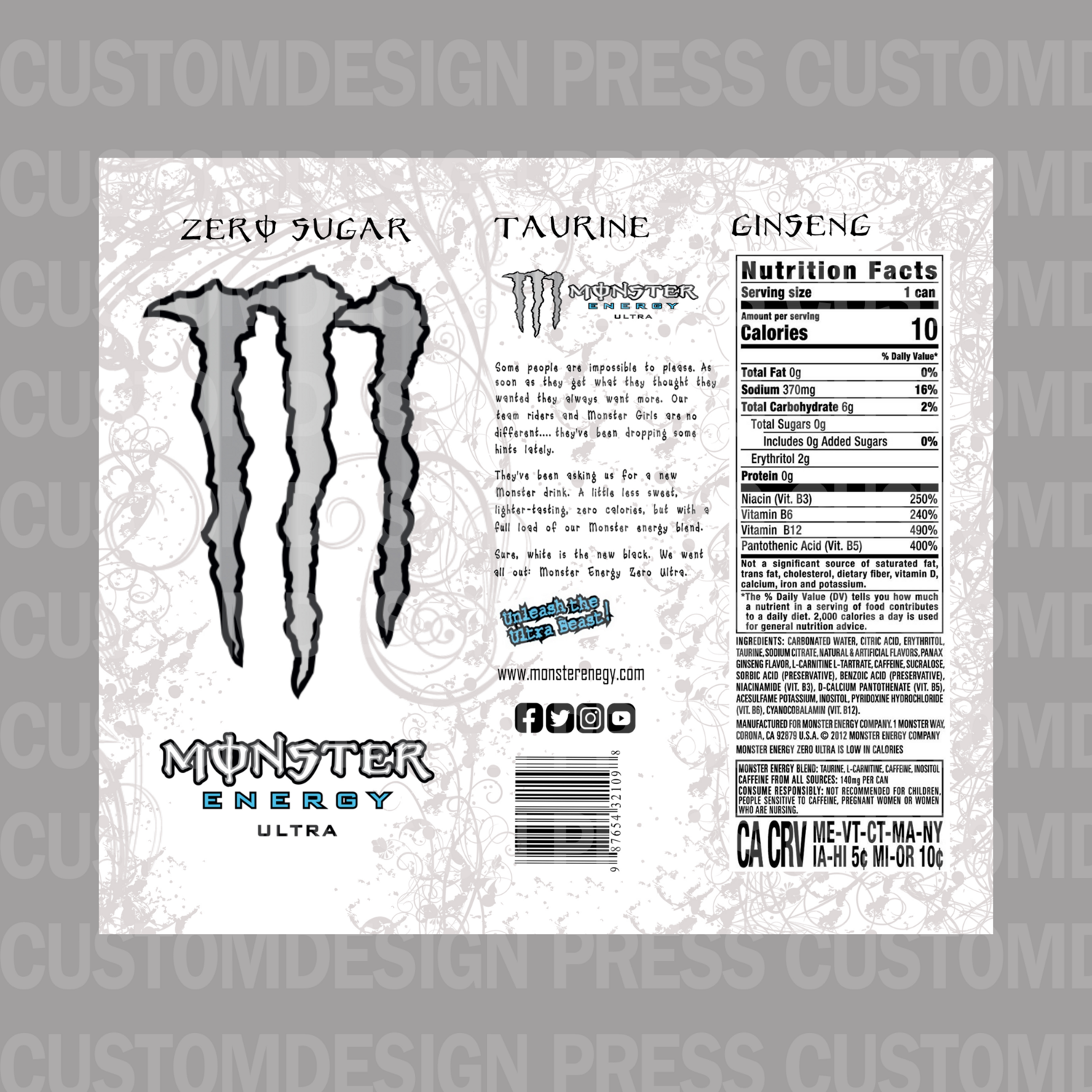 Monster Energy Drink White, 20 OZ Skinny Tumbler Wrap