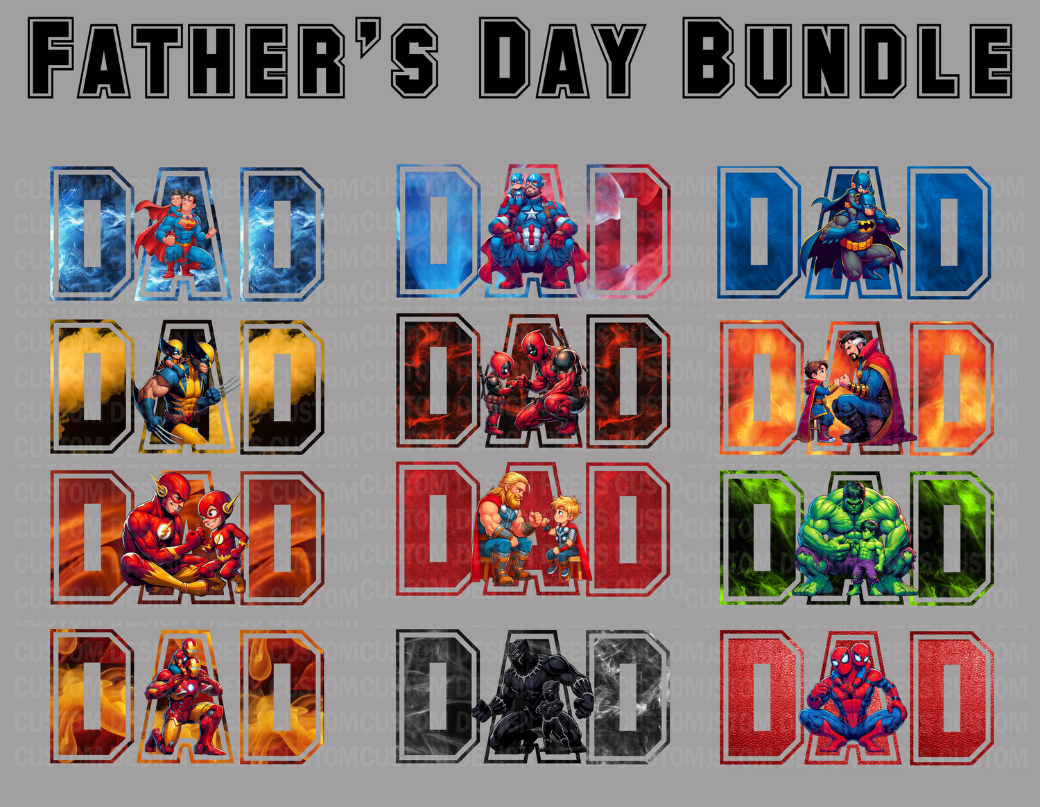 Father&#39;s Day Super Hero Bundle, , DTF, Sublimation, DTG, DIgital Download 300 DPI