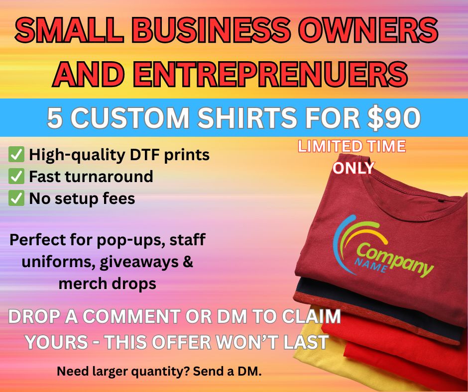 Custom Logo T-Shirts – 5-Pack DTF Printed | Small Business Merch | Fast Turnaround