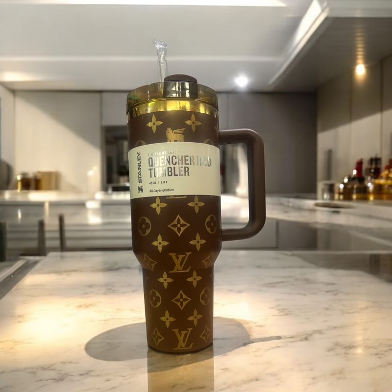 Stanley Quencher H2.0 40oz Tumbler – Custom LV Inspired Brown &amp; Gold Design, Stylish All Day Hydration Cup with Handle &amp; Straw