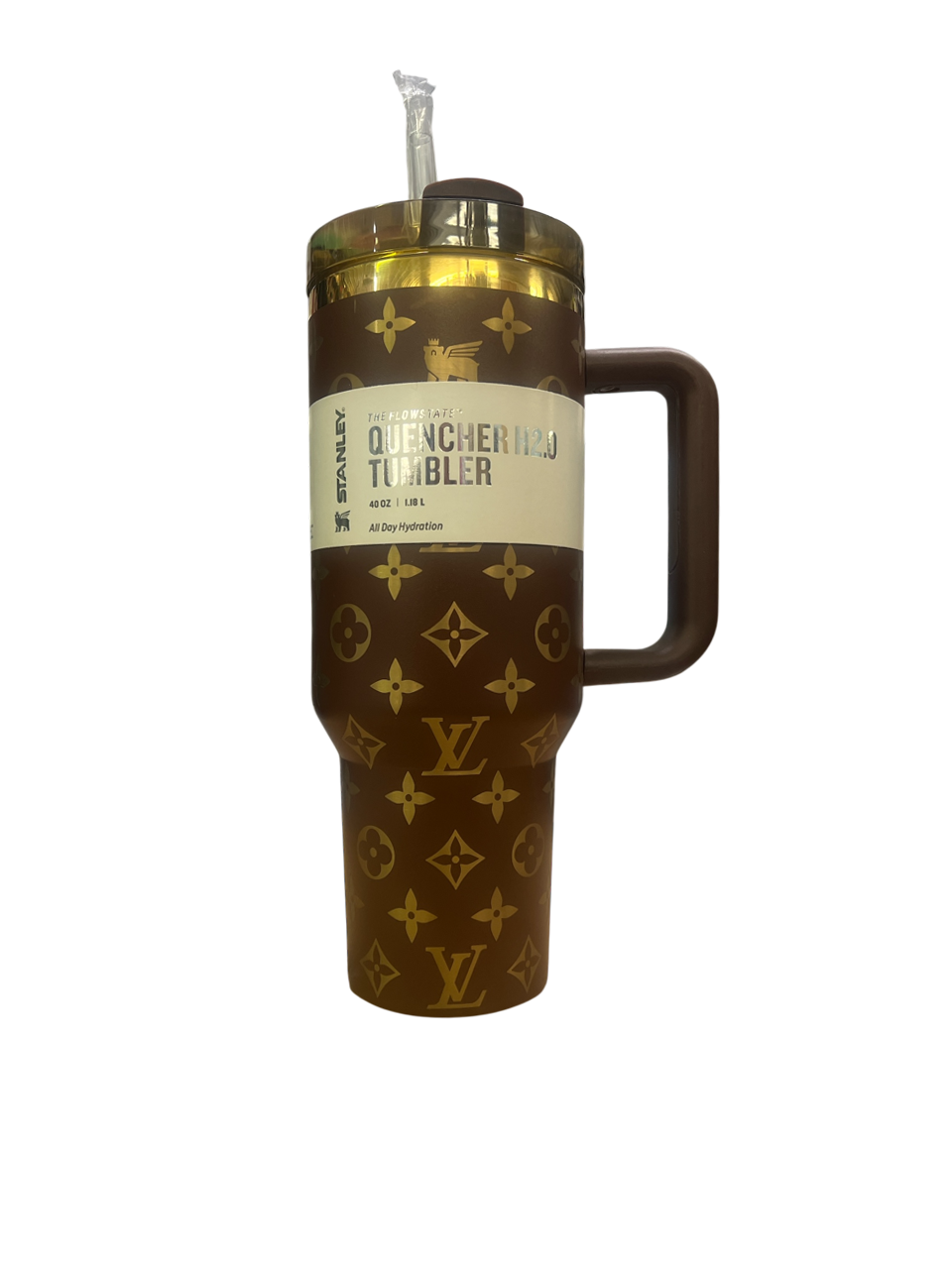 Stanley Quencher H2.0 40oz Tumbler – Custom LV Inspired Brown &amp; Gold Design, Stylish All Day Hydration Cup with Handle &amp; Straw