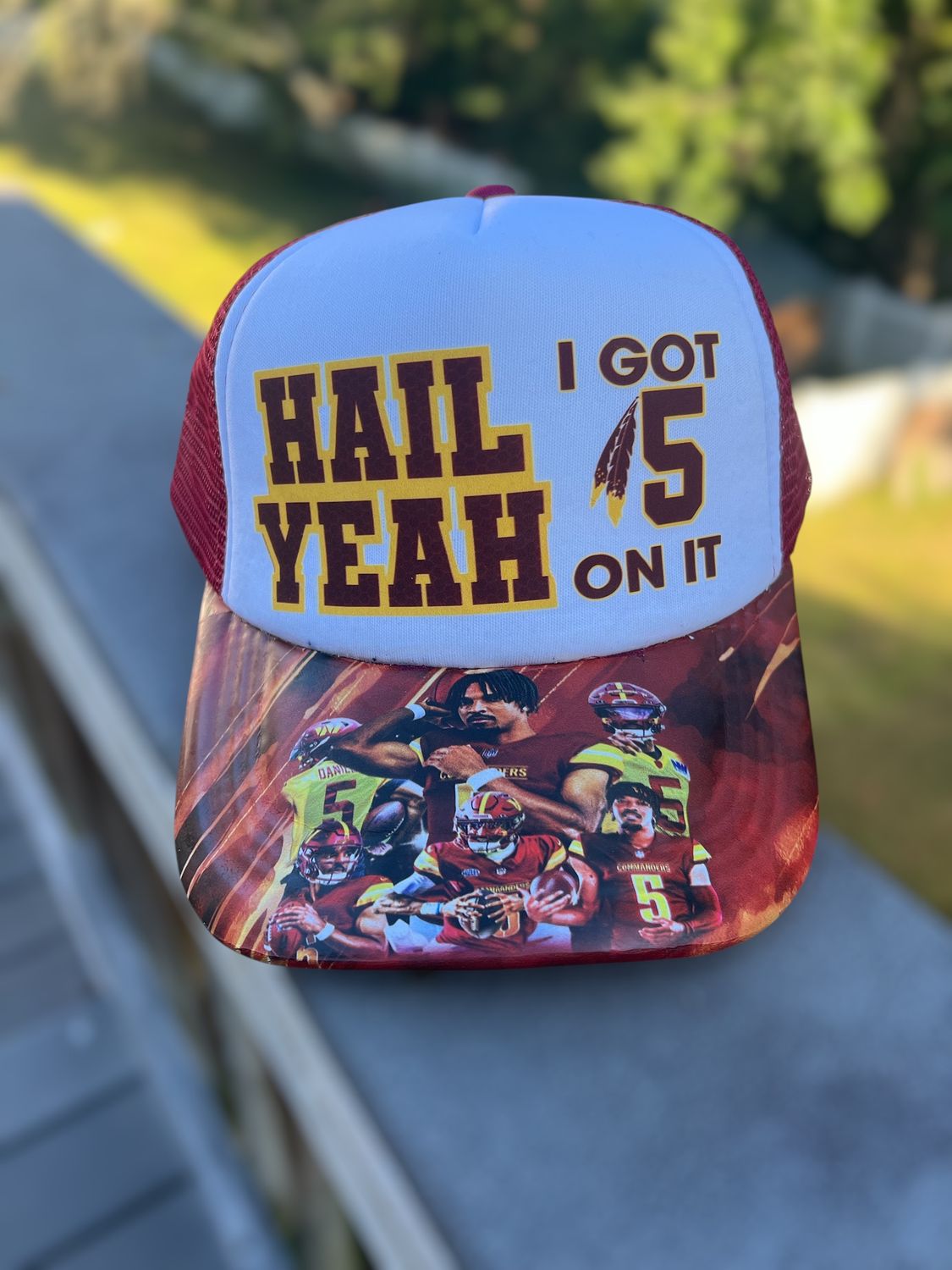 Custom “Hail Yeah – I Got 5 On It” Football Fan Hat | Red &amp; Gold Trucker Cap | Game Day Sportswear