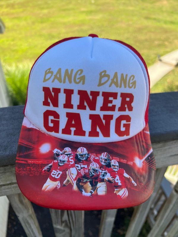 Custom “Bang Bang Niner Gang” Hat | Red &amp; Gold Football Fan Trucker Cap | San Francisco Game Day Fan Gear