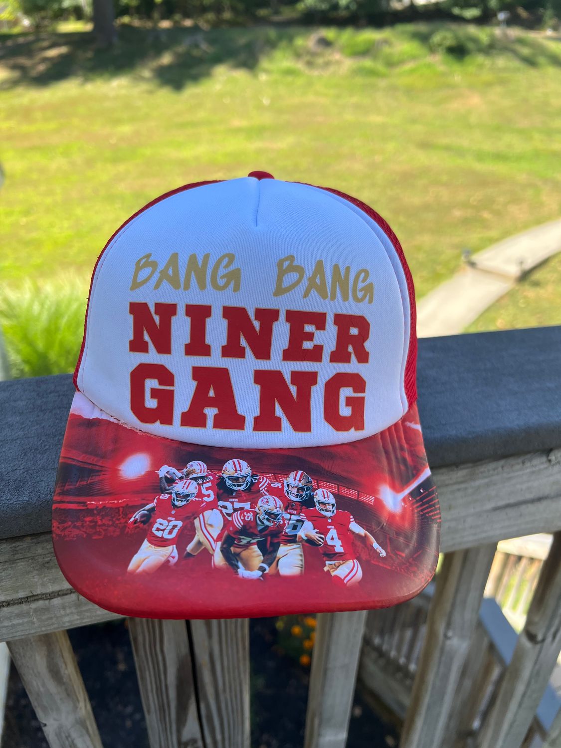 Custom “Bang Bang Niner Gang” Hat | Red &amp; Gold Football Fan Trucker Cap | San Francisco Game Day Fan Gear