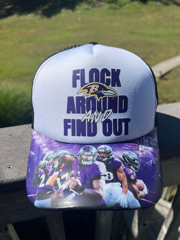 Custom “Flock Around and Find Out” Hat | Purple &amp; Black Football Fan Trucker Cap | Baltimore Game Day Fan Gear