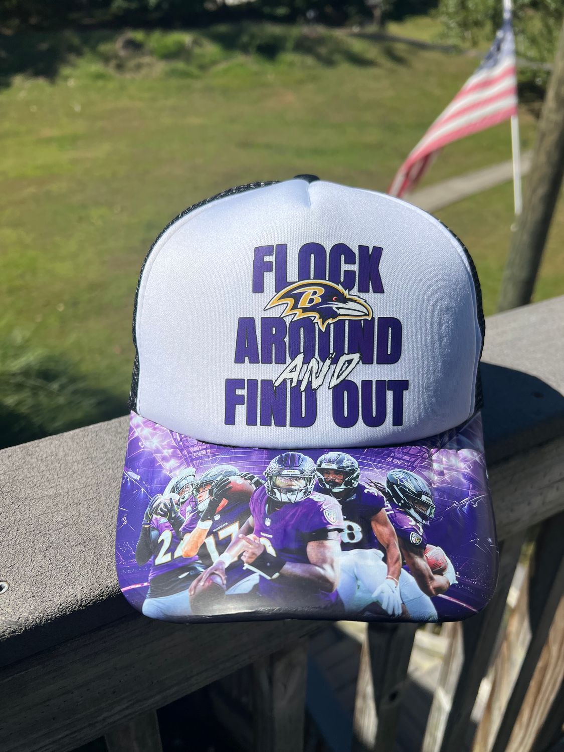 Custom “Flock Around and Find Out” Hat | Purple &amp; Black Football Fan Trucker Cap | Baltimore Game Day Fan Gear