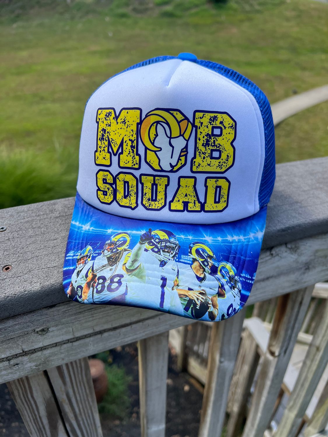 Custom “Mob Squad” Hat | Blue &amp; Yellow Football Fan Trucker Cap | Los Angeles Game Day Fan Gear