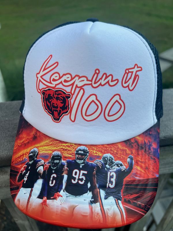 Custom “Keepin’ it 100” Hat | Navy &amp; Orange Football Fan Trucker Cap | Chicago Game Day Fan Gear