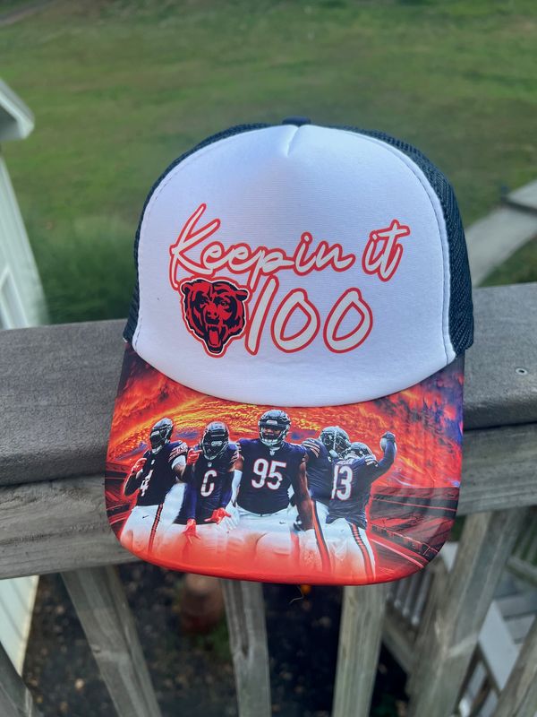 Custom “Keepin’ it 100” Hat | Navy &amp; Orange Football Fan Trucker Cap | Chicago Game Day Fan Gear