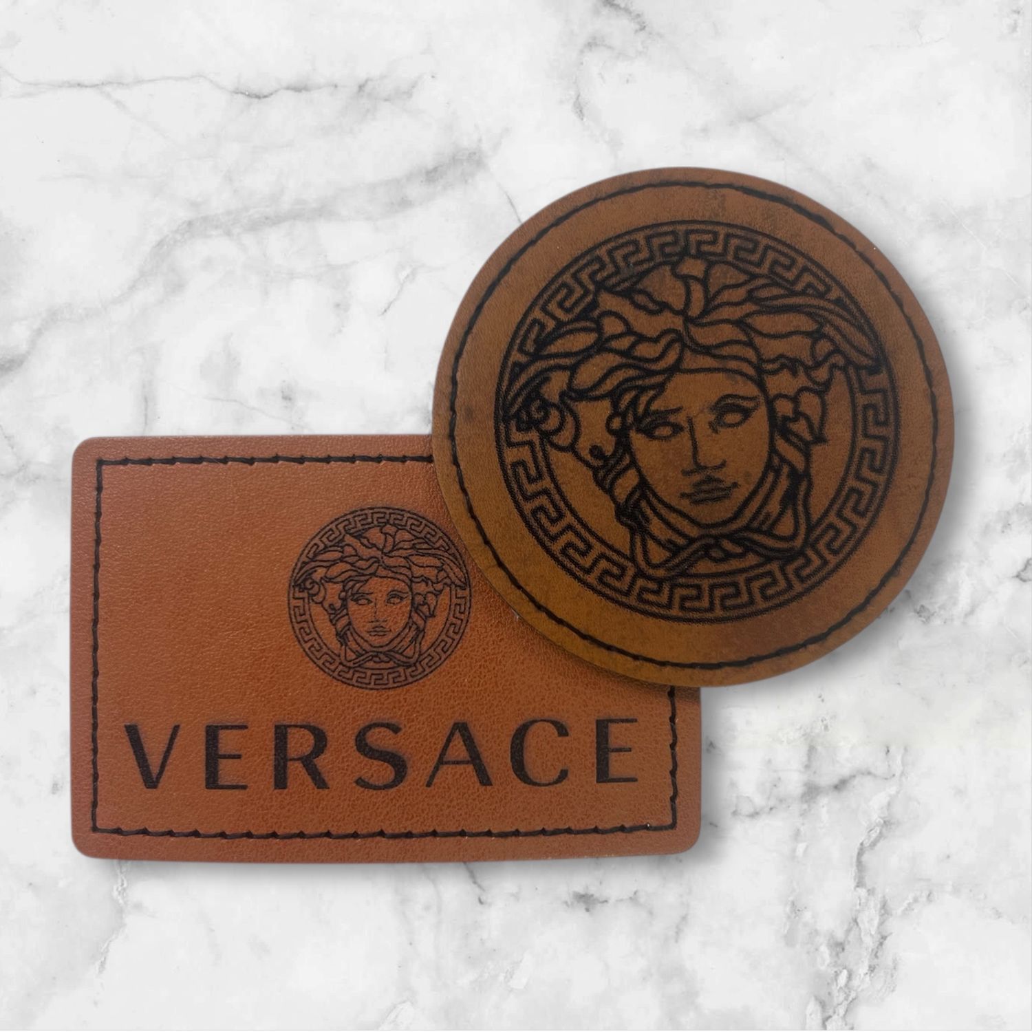 Luxury Inspired Round and Rectangle Leather Patches Custom Engraved Faux Leather $3 Each Mix and Match Free Shipping Over $50